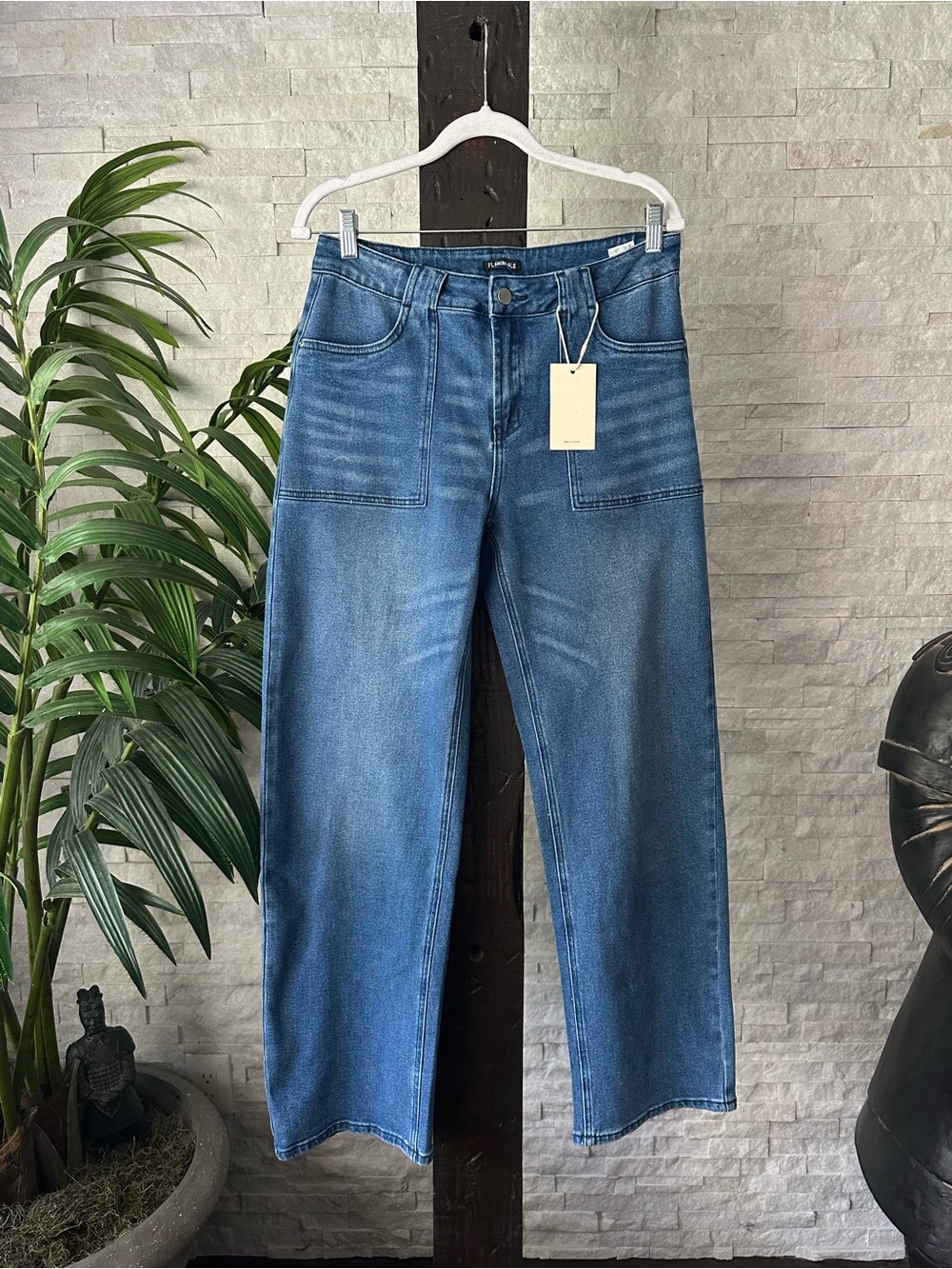 High-Rise Wide-Leg Jeans  Front Patch Pockets Medium Blue Size Large New Tags